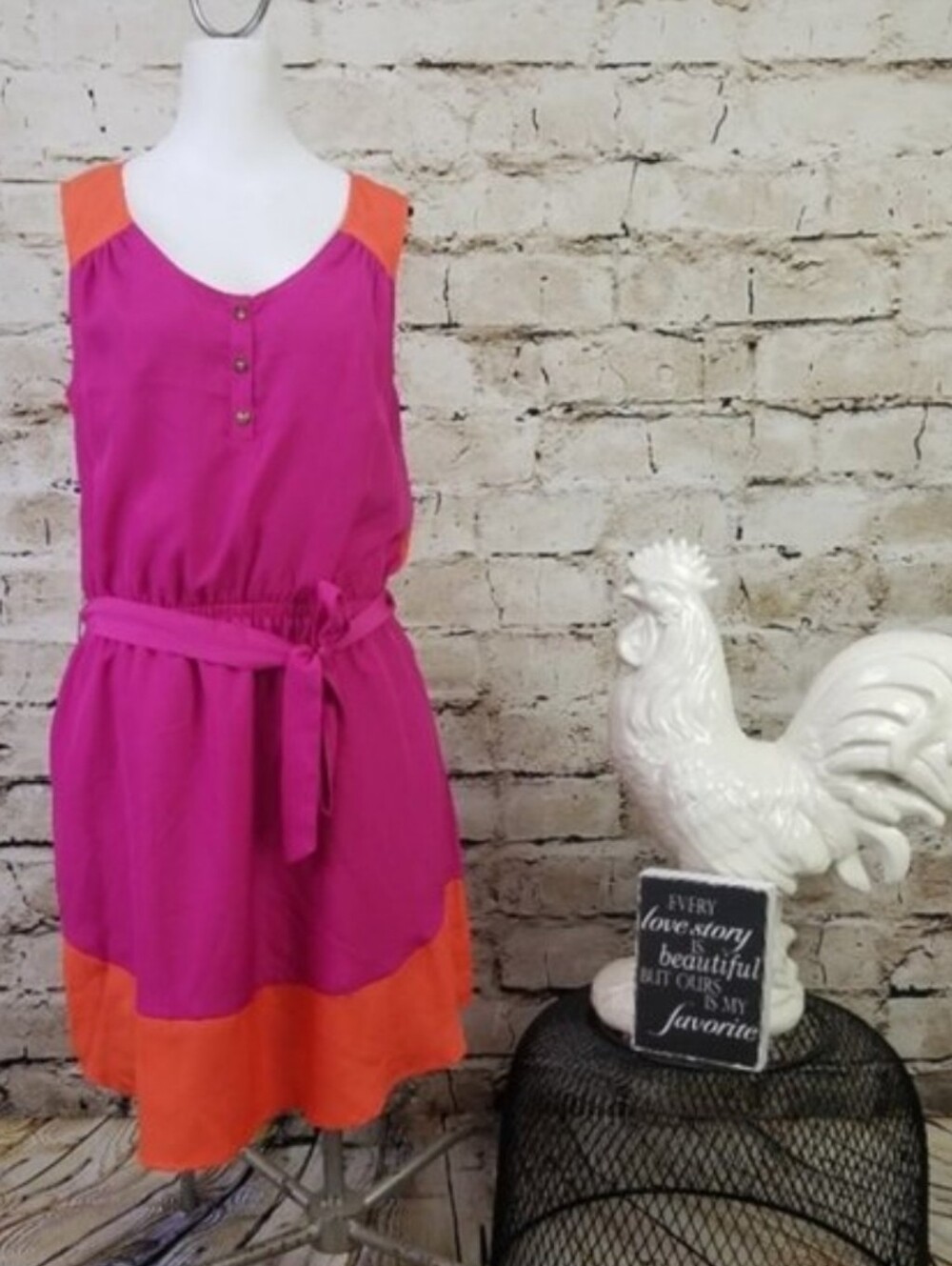 Target Merona A-Line Dress Pink Orange Colorblock Belted Colorful Casual Work M